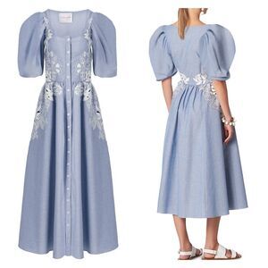 Carolina Herrera Cotton Floral Embroidered Puff Sleeve Midi Dress